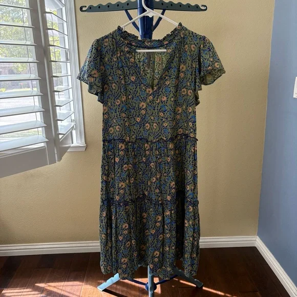 Anthropologie Penrose Tiered Tunic Dress Women Size M Floral Green Beach Boho - Picture 2 of 12